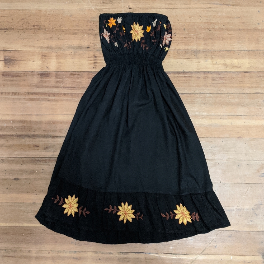 Embroidered Black Tube Dress Flowers